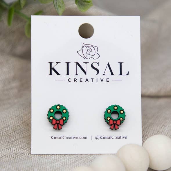 Christmas Wreath Wood Stud Earrings