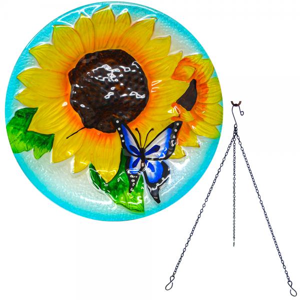 Blooming Sunflower with Butterfly Hanging Birdbath