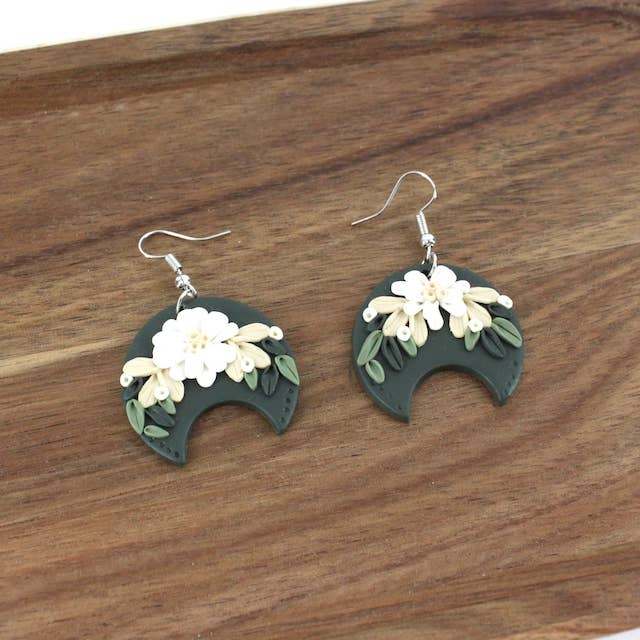 White Flowers Dk Green Polymer Clay Dangle Earrings