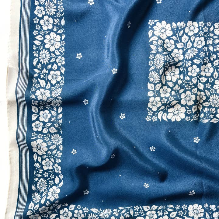 100% Silk Bandana Scarf - Santorini Floral China Blue