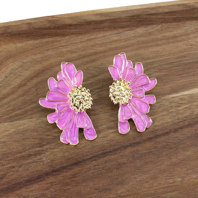 Bold Pink Flower Post Statement Earrings