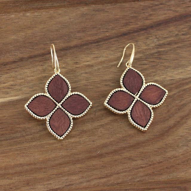 Wooden 4-Petal Flower Earrings
