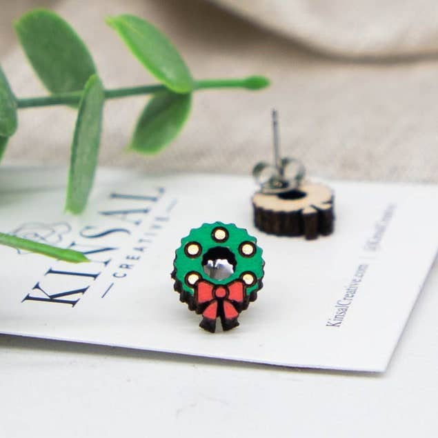 Christmas Wreath Wood Stud Earrings