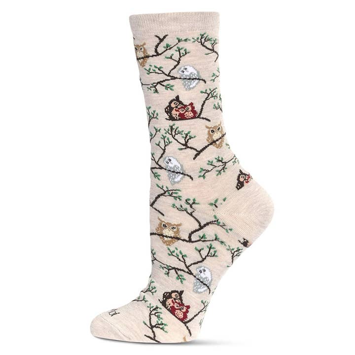 Women's Owls Bamboo Crew Socks - Oatmeal Heather