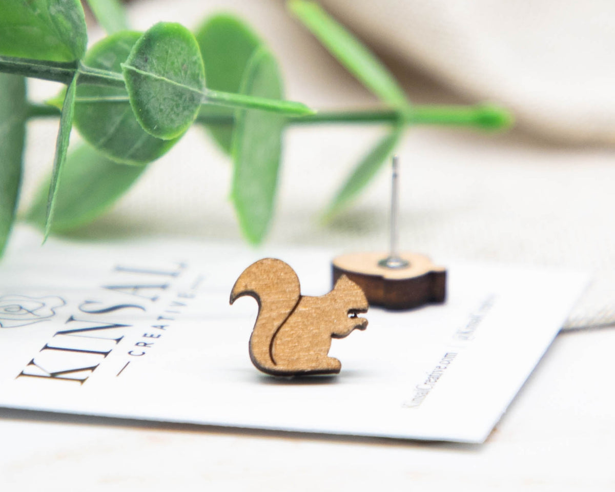 Squirrel and Acorn Wood Stud Earrings