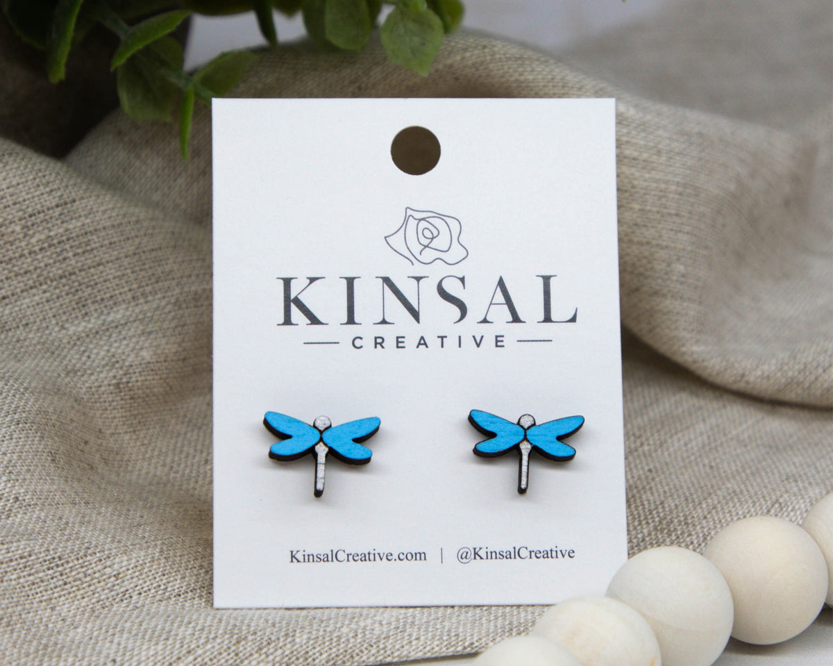 Blue Dragonfly Wood Stud Earrings