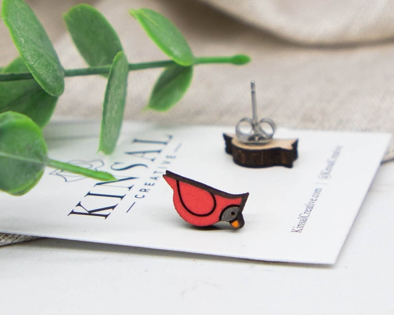 Cardinal Wood Stud Earrings