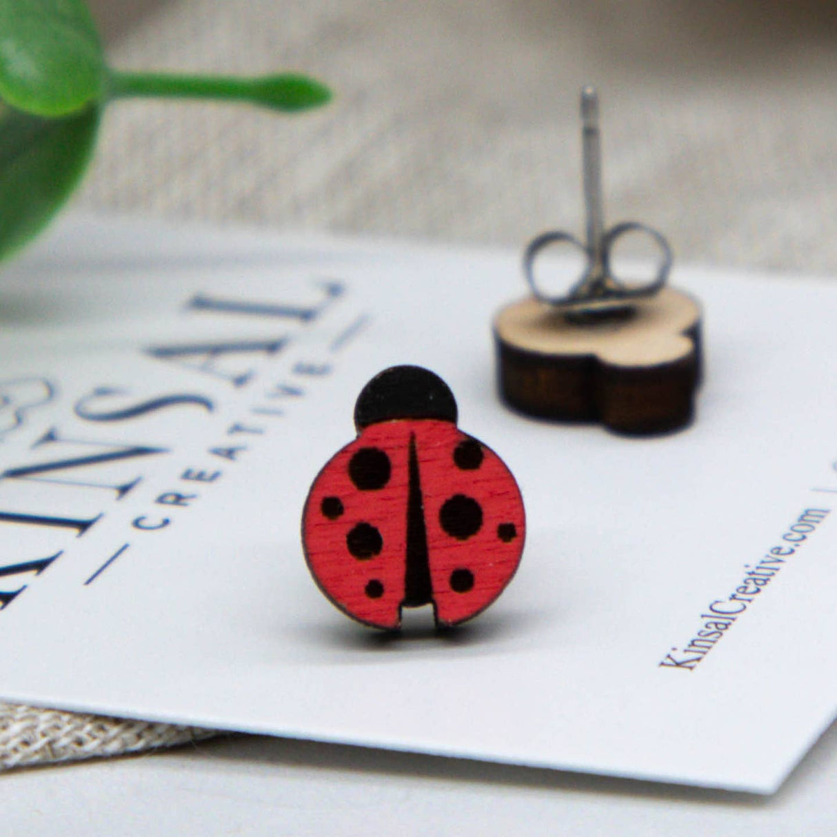 Lady Bug Wood Stud Earrings