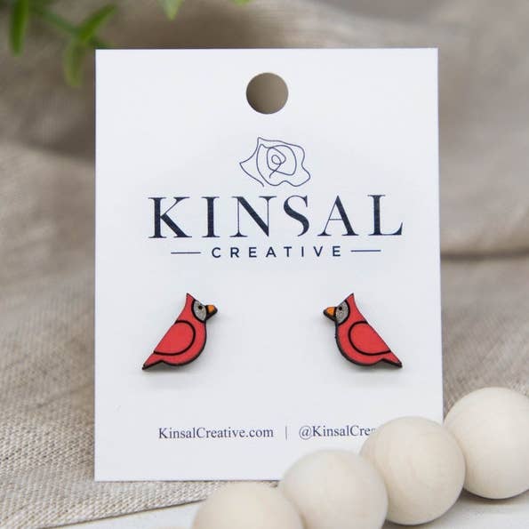 Cardinal Wood Stud Earrings
