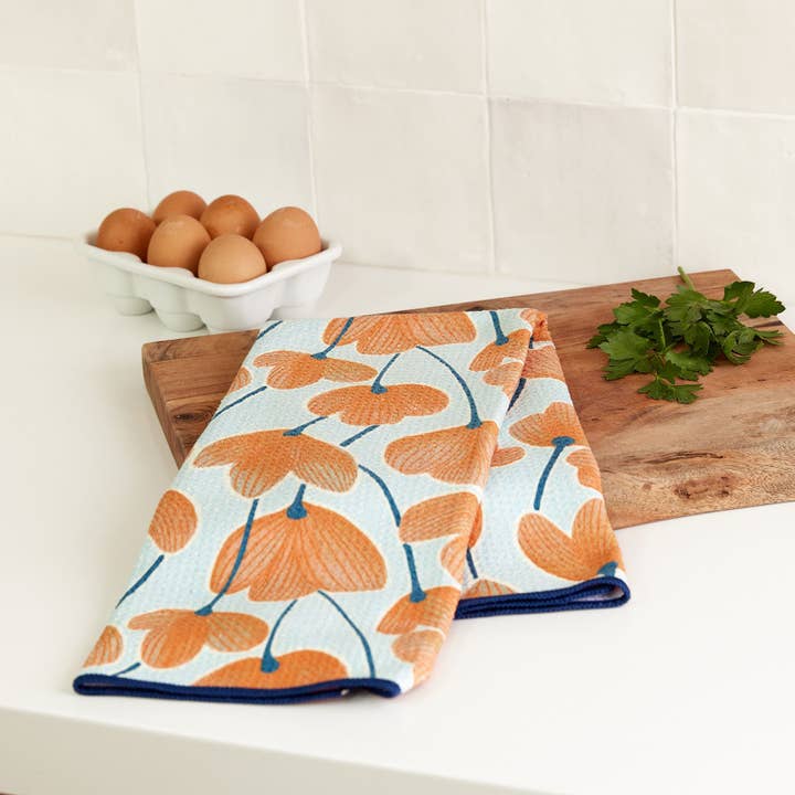 Modern Poppy Orange Blu Kitchen Tea Towel