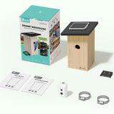Smart birdhouse with packaging, components, and accessories on a white background