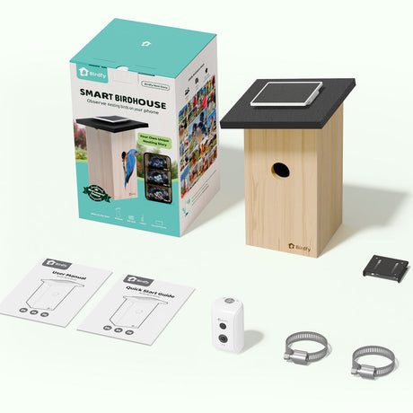 Smart birdhouse with packaging, components, and accessories on a white background